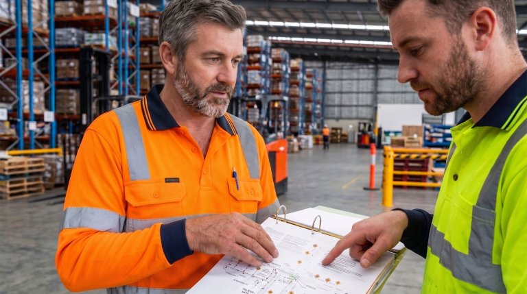 Two warehouse workers discuss a traffic management plan