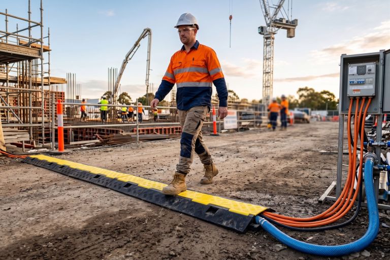 Construction worker walking on cable protection